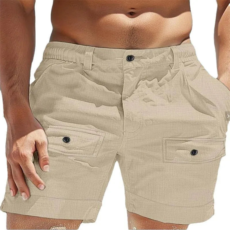 Men's linen beach shorts with elastic waist and button pockets in straight cut