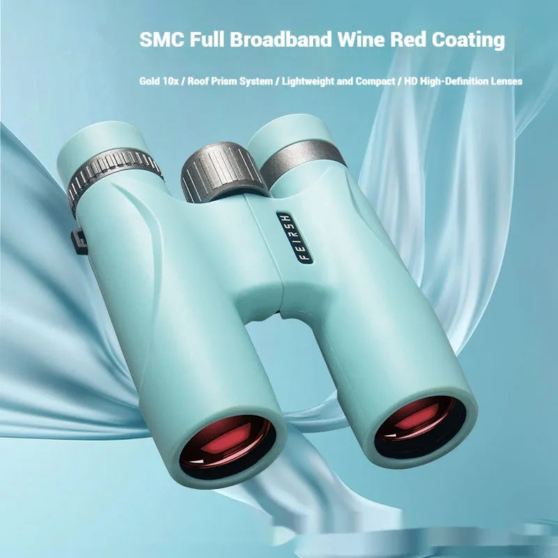 Blue and grey 10x32 binoculars with wine red film lenses on a dark background.