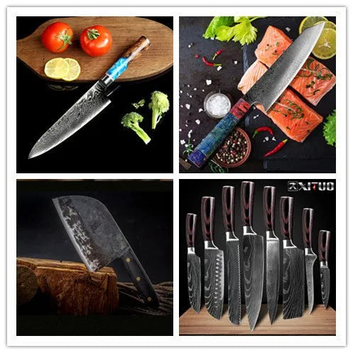 8-piece kitchen knife set with stainless steel blades including chef knife, meat cutter, and bread knife