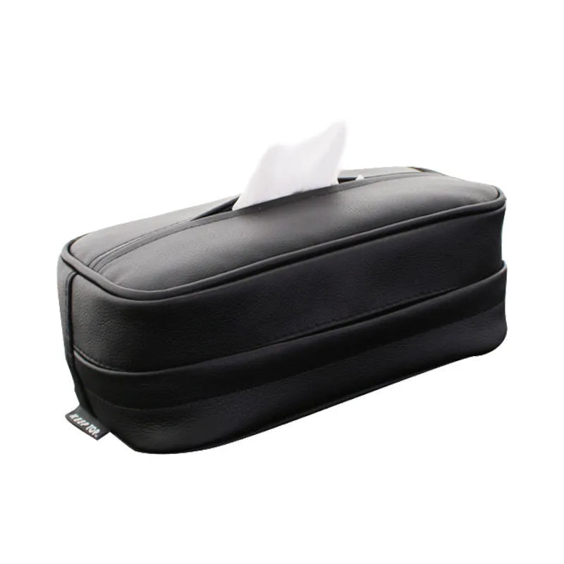 Black PU leather hanging storage box with dimensions for car organisation.