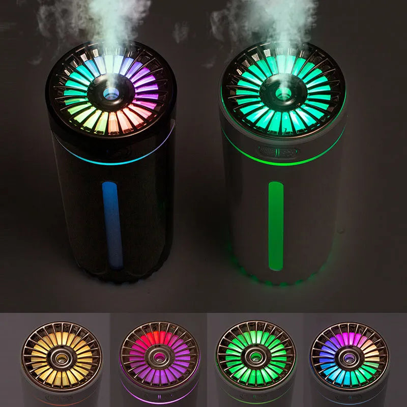 Black portable USB rechargeable humidifier with colourful LED lights and compact design for car or desktop use