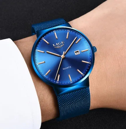 Men's stainless steel watch with a 40mm case shown in black, blue, and two-tone colour options.