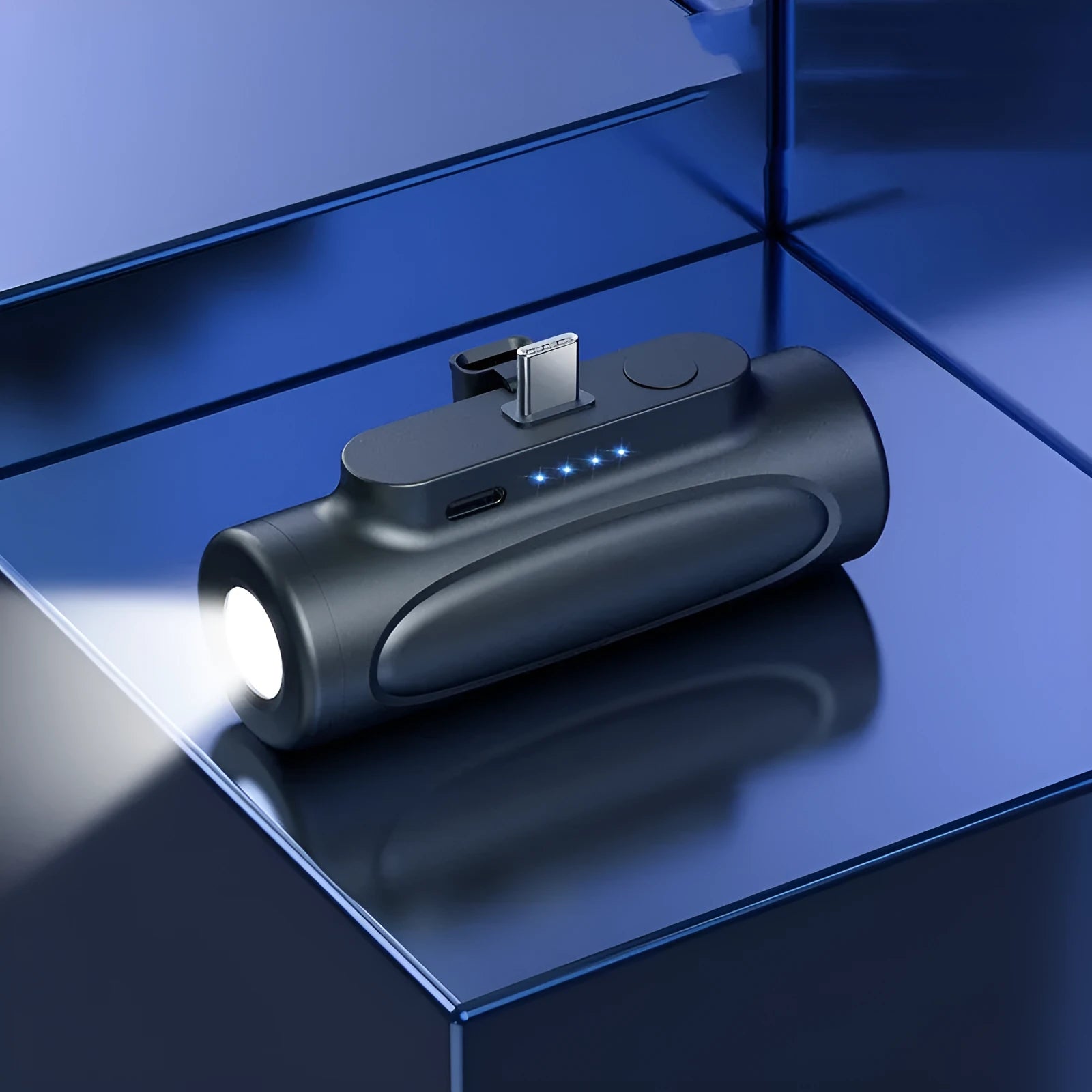 Black creative power bank with LED flashlight showing Type-C charging port and compact 83mm size