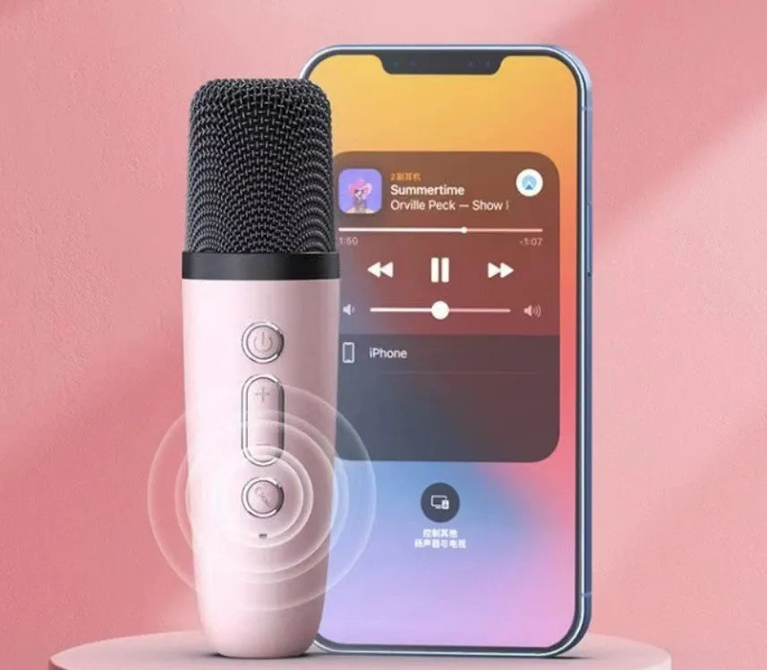 Portable bluetooth microphone speaker in white, pink, or sky blue with karaoke function