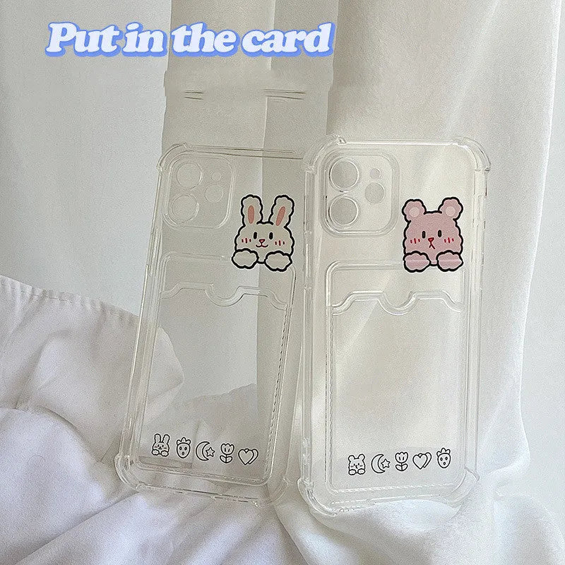 Transparent cartoon design phone case with card holder for Apple iPhone models
