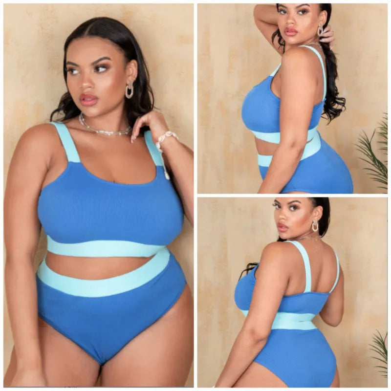 Women's high-waisted bikini set in a solid colour with split stitching detail, showing front view.