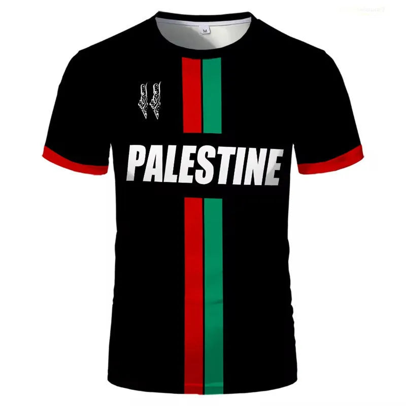 Close-up of a black short sleeve t-shirt with a raised 3D printed football pattern on the front.