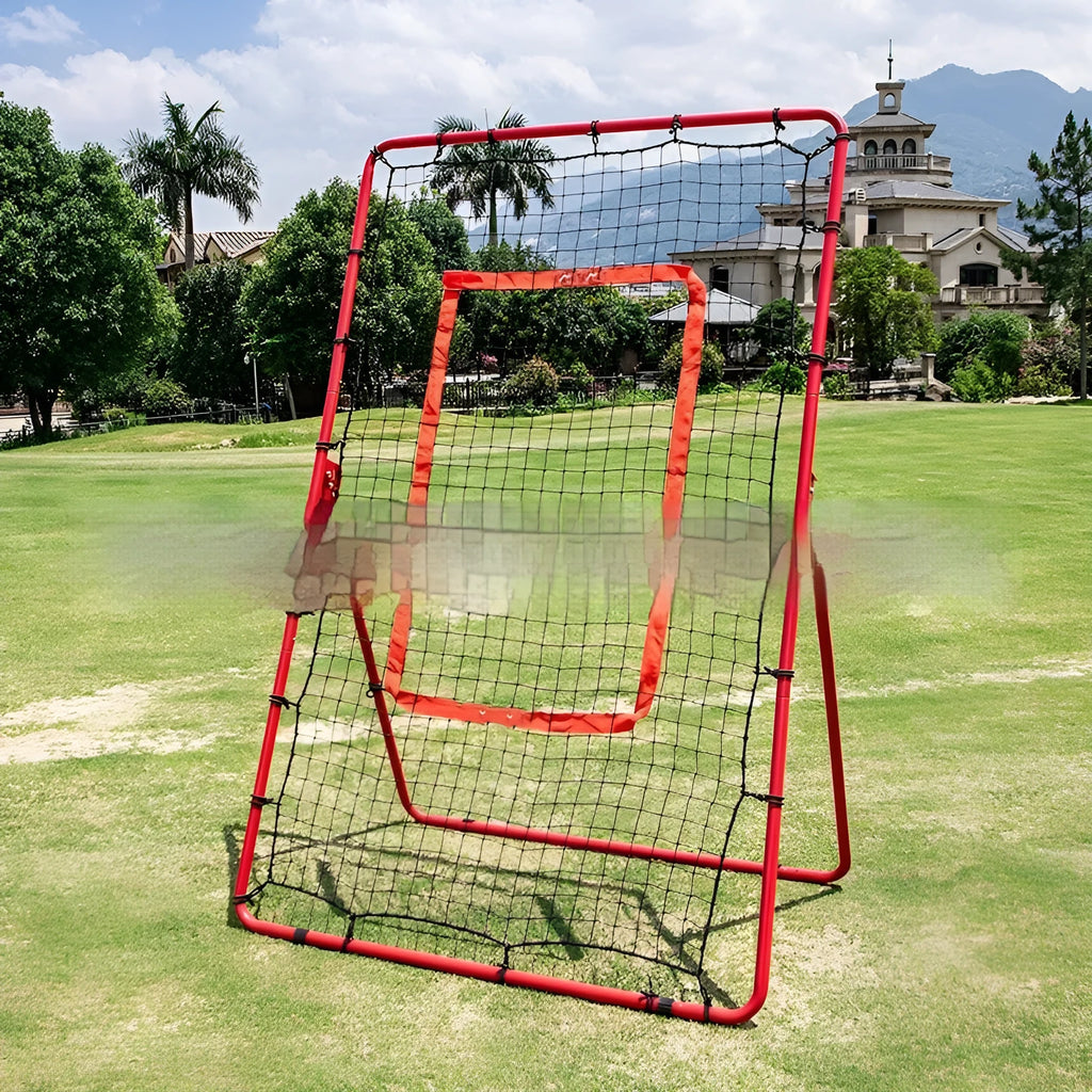 Red adjustable metal baseball training net with 4x6ft catching area for pitching practice