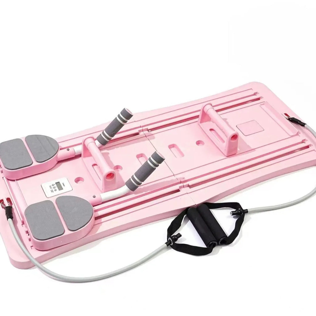 Portable foldable belly panel supine board for home fitness in purple, black, and pink colour options.