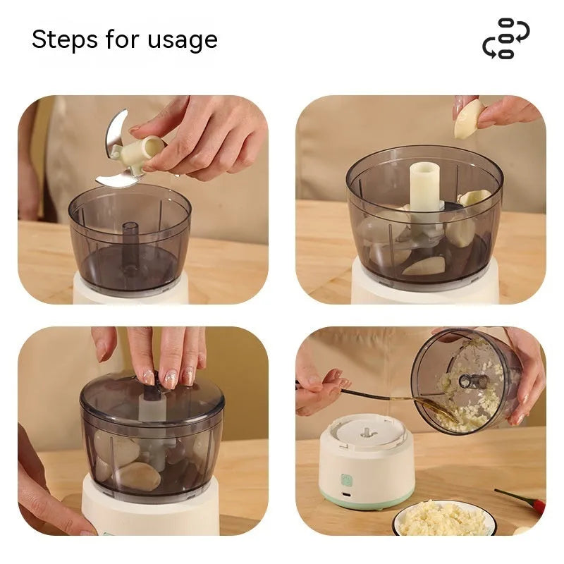 Mini electric meat grinder food processor in white or light green with transparent cup