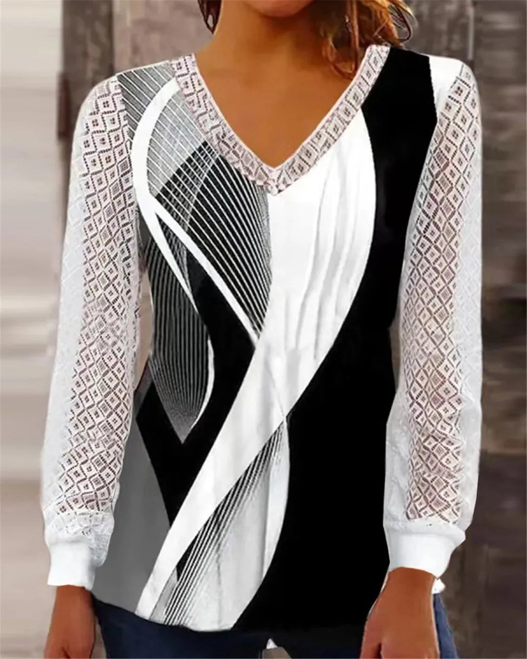 Women's loose v-neck top with hollow-out lace print in purple colour