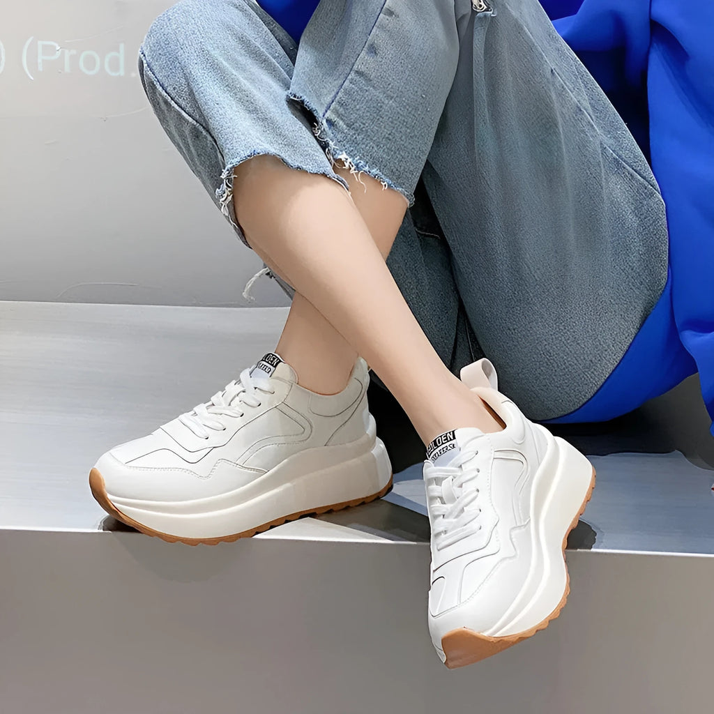 Women's beige cattlehide leather casual sports shoes with cross strap and English muffin heel