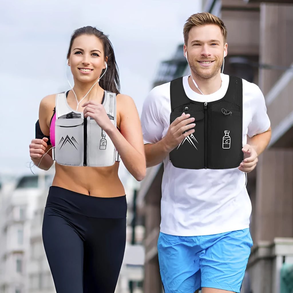 Black breathable mesh running vest with phone compartment and optional hydration flask for outdoor sports