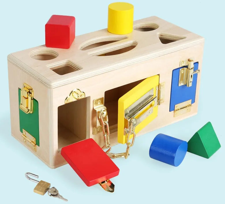 Wooden preschool shape lock box educational toy with 12 pieces