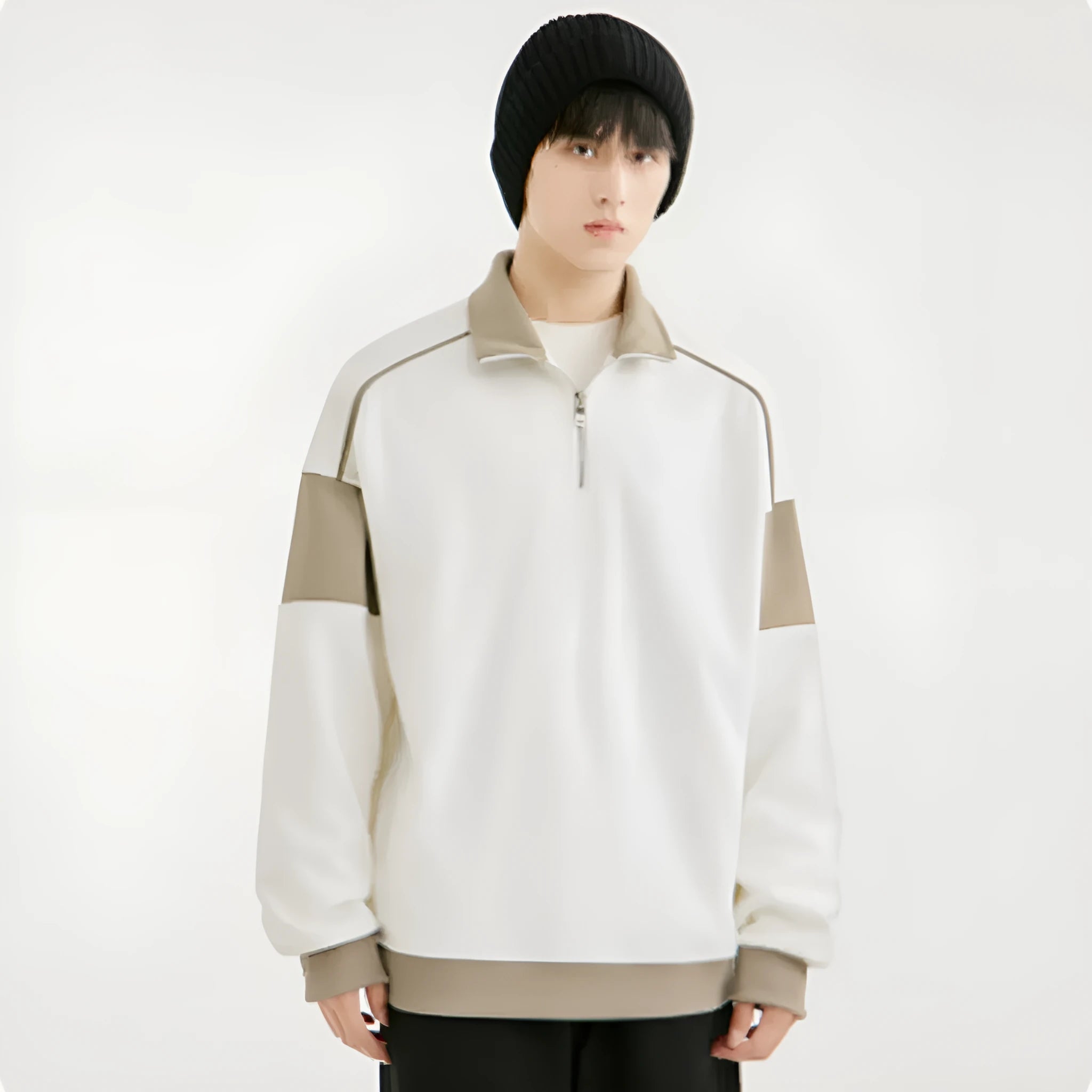 Men's hooded rabbit fur corduroy sweater showing drop shoulder and loose lapels design