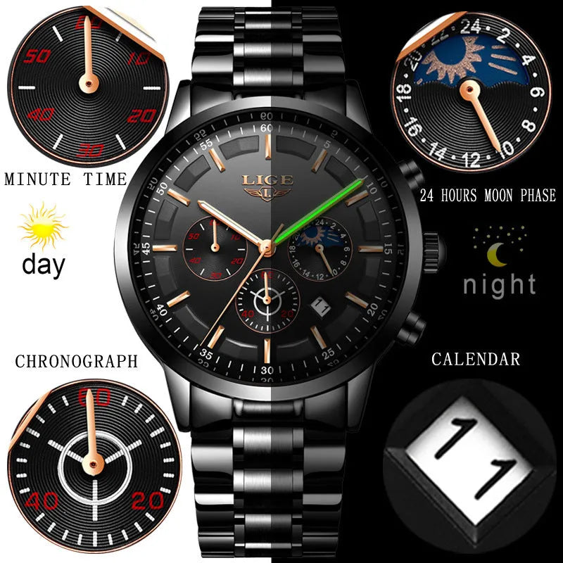 Men's waterproof quartz sports business watch in black colour options with 12mm thickness