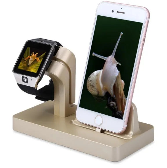 White charging dock station holding iPhone and Apple Watch for simultaneous desktop charging