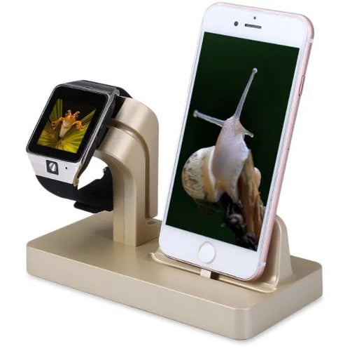 White charging dock station holding iPhone and Apple Watch for simultaneous desktop charging