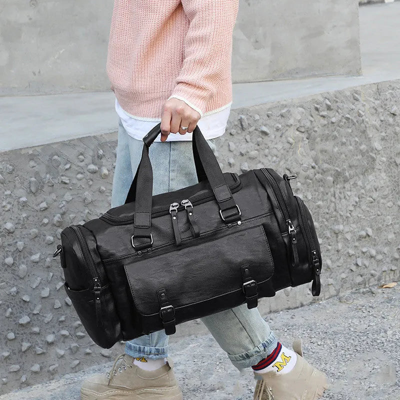 Large black PU travel shoe bag for organising footwear, showing size scale.