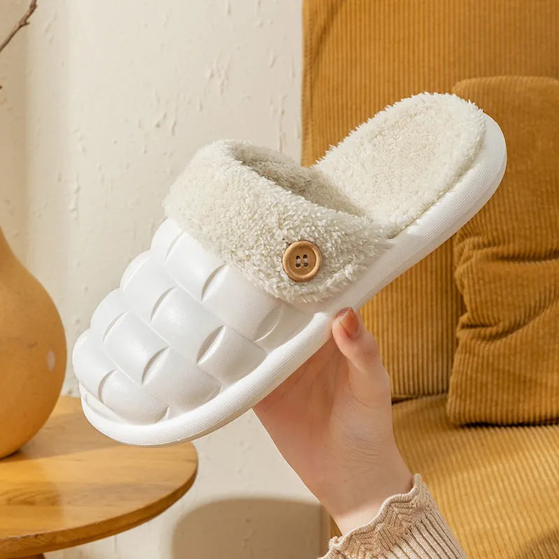 Women's EVA plush house slippers with detachable sleeves in pink, showing slip-on and overshoe wearing modes