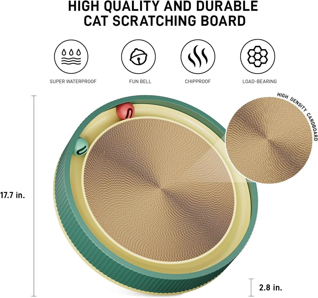 Large green circular cat scratching board with moving ball toys and spring-mounted plush ball