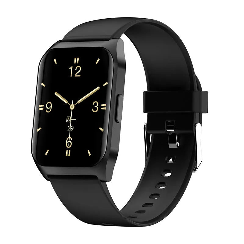 Black or silver smart watch with colour touchscreen and silicone strap for heart rate and Bluetooth calls.