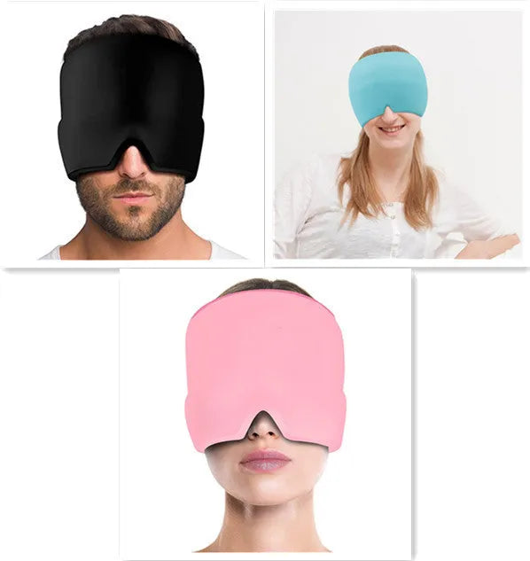 Black elastic cloth gel cold therapy eye mask for headache relief on grey background.