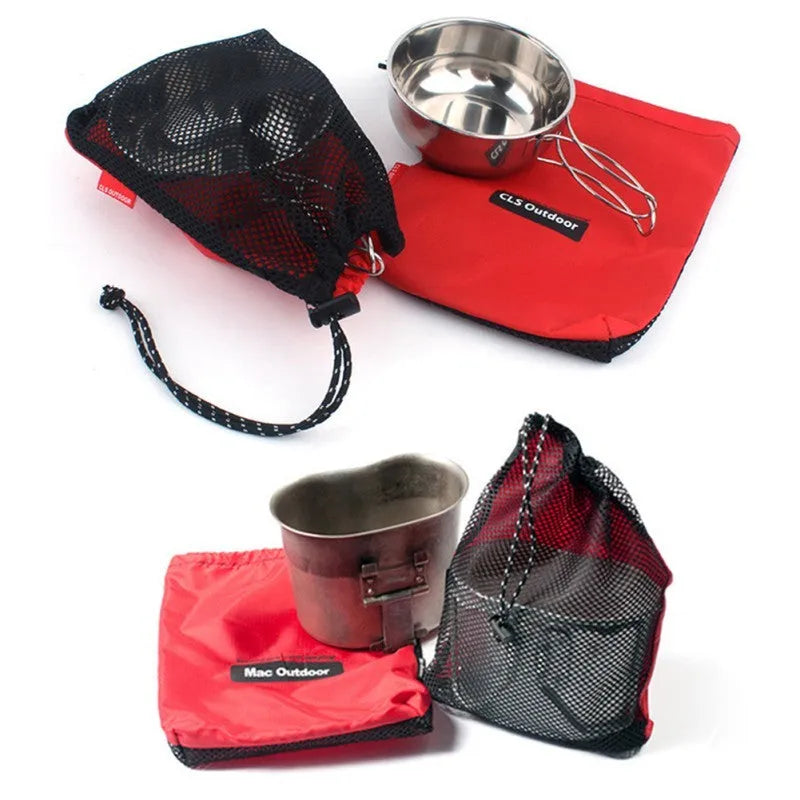 Red five-piece outdoor travel storage bag set with zipper closures and mesh panelling