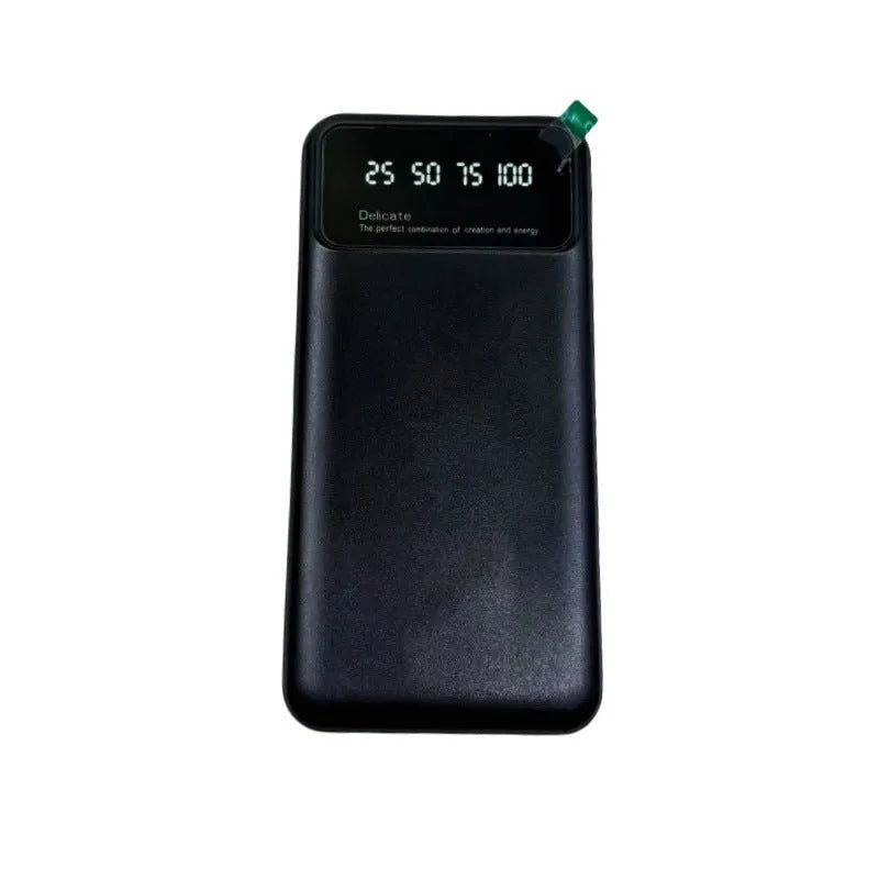 Black ultra-thin power bank measuring 67x14x140mm with 10000mAh capacity