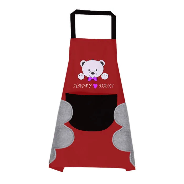 Sleeveless waterproof kitchen apron in coral velvet, shown in multiple colour options.
