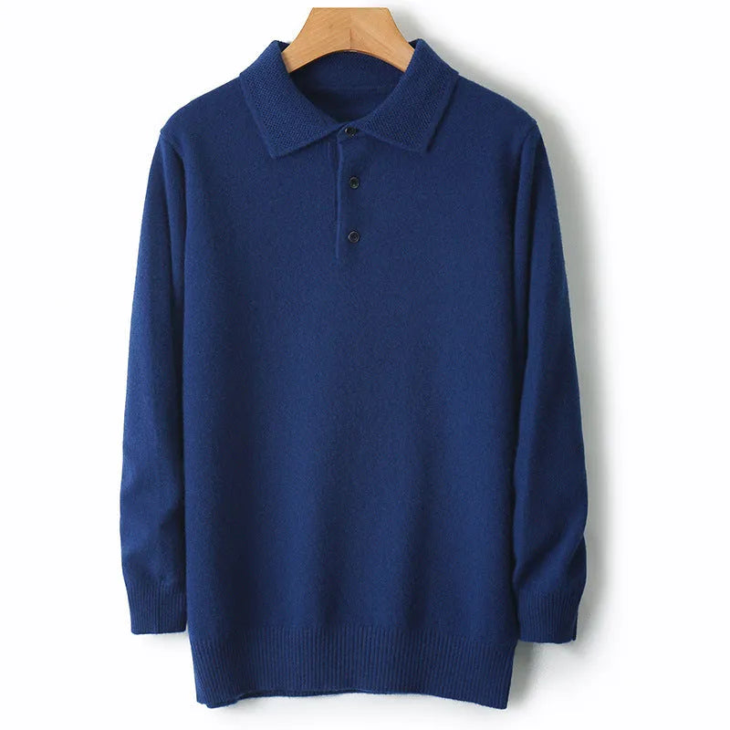 Men's grey wool pullover sweater with a polo collar and long sleeves on a hanger