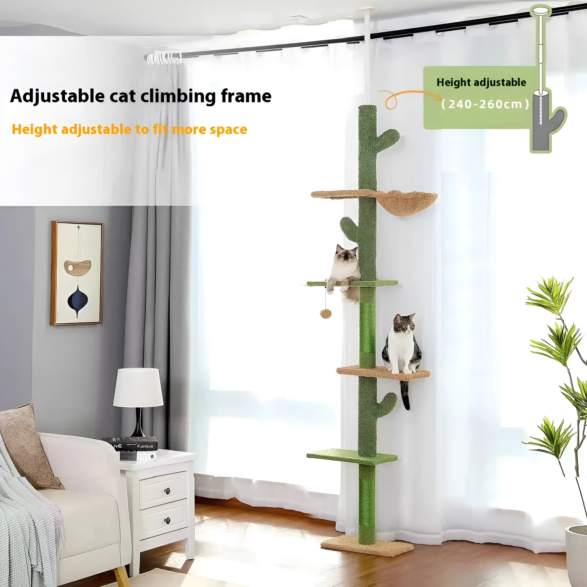 Solid wood cat climbing frame with integrated cat nest, scratch board, and toys