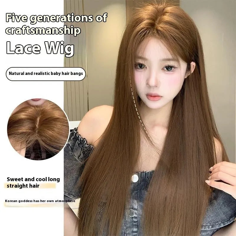Centre-parted lace front wig with forehead lace and long straight hair in warm brown