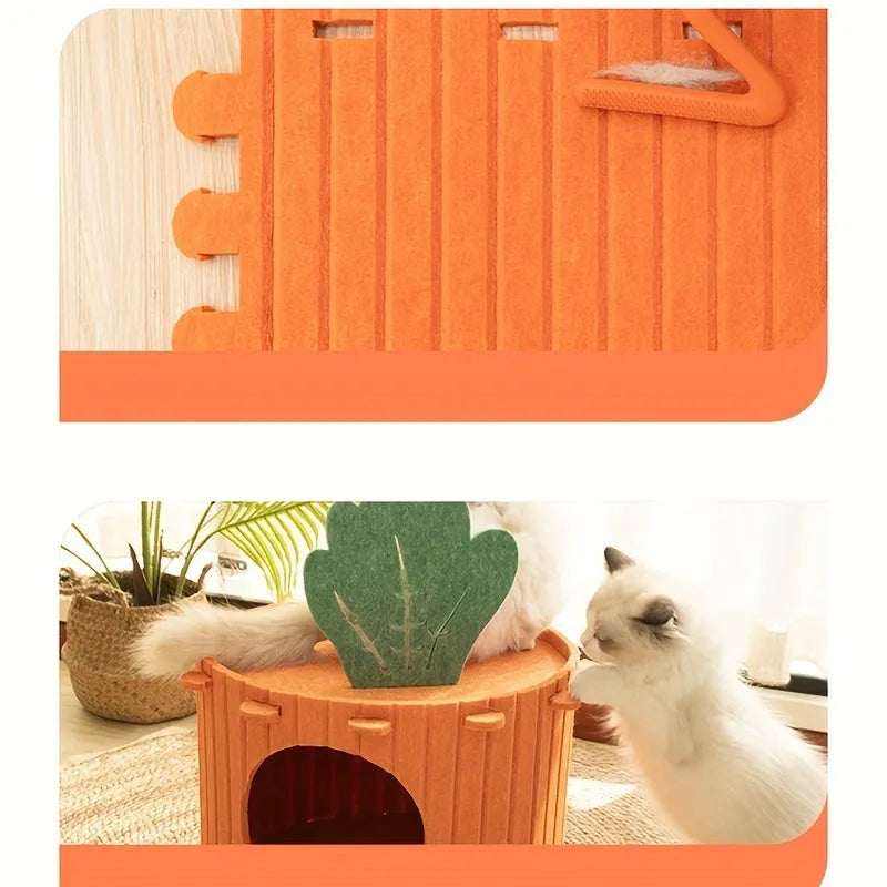 Grey needle-punched felt cat tunnel nest in a semi-enclosed cattery shape.