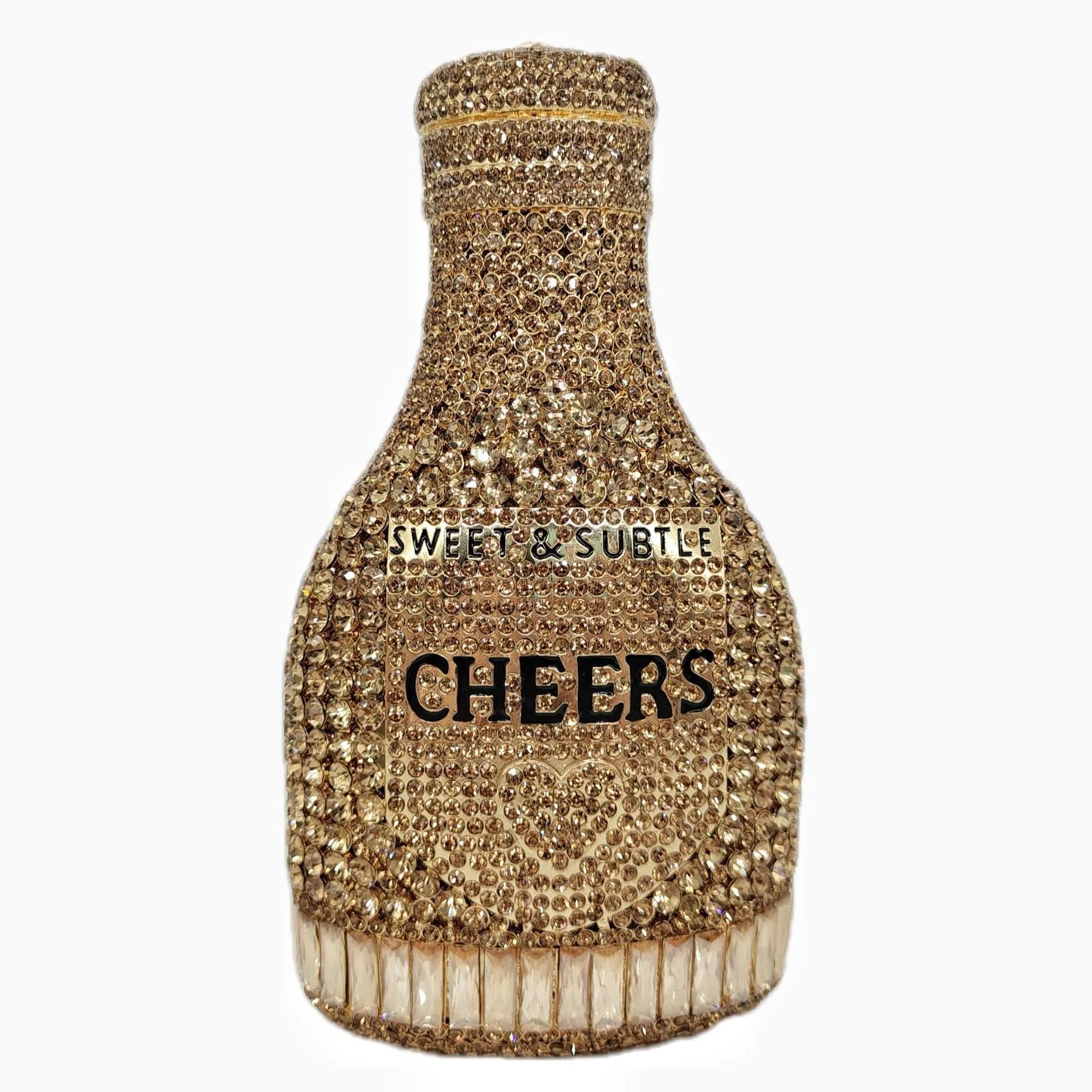 Gold champagne bottle shaped evening clutch with alloy frame measuring 20cm tall