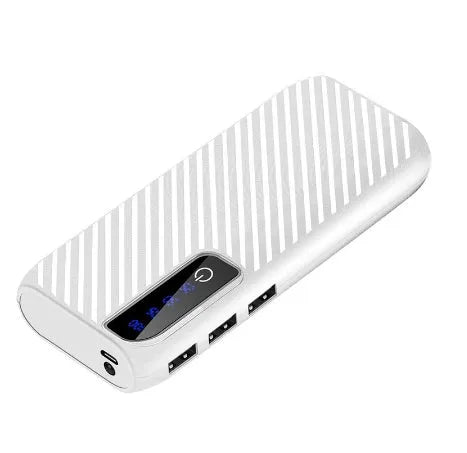 Black 20000mAh mini portable power bank showing USB ports, with dimensions 142mm x 64mm x 23mm.