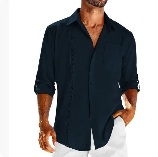 Mens grey casual long sleeve shirt with lace detail on polo collar and chest pocket.