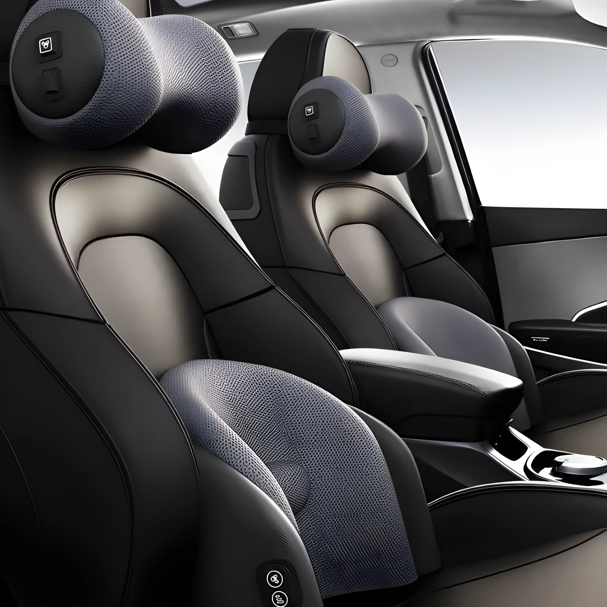 Car seat electric massage cushion and headrest in memory foam, shown in grey colour.
