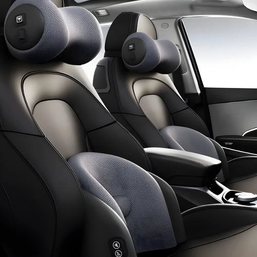 Car seat electric massage cushion and headrest in memory foam, shown in grey colour.