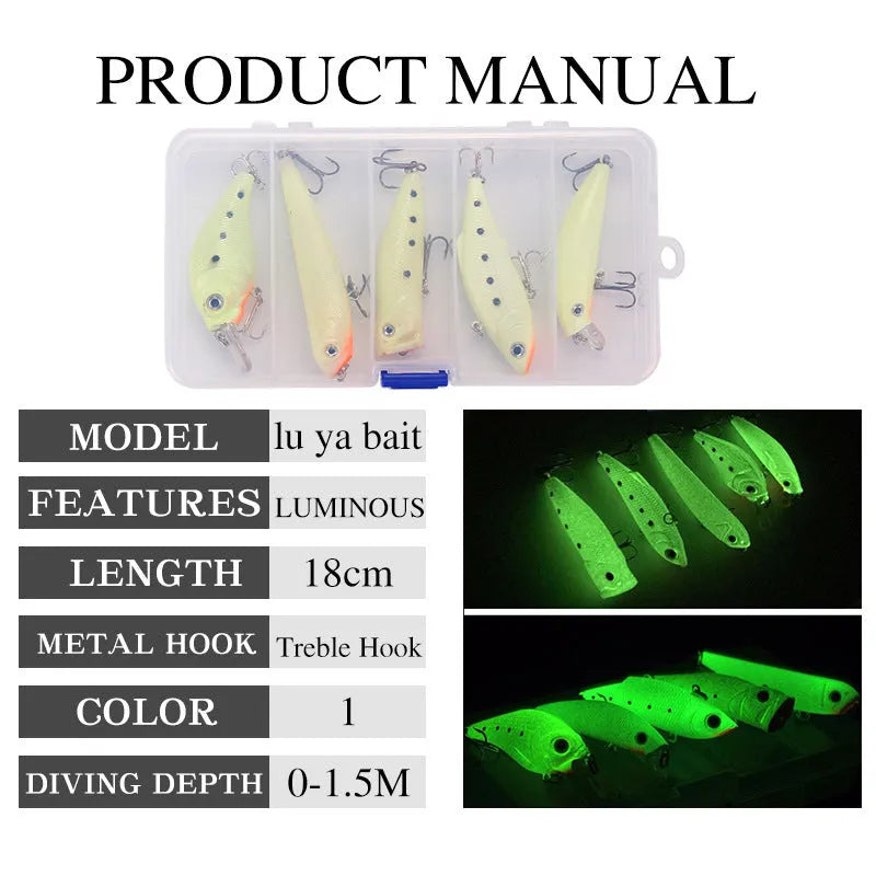 Five 3D fluorescent hard fishing lures with luminous properties for submerged fishing