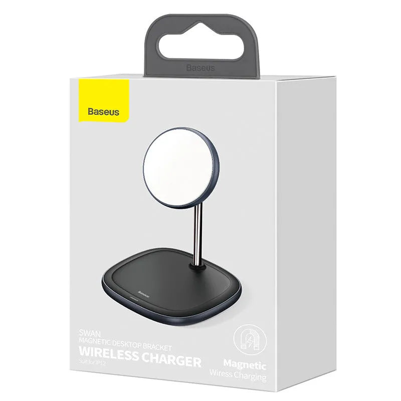 Black Swan magnetic desktop wireless charging stand for Apple iPhone 12 with included Type-C cable.