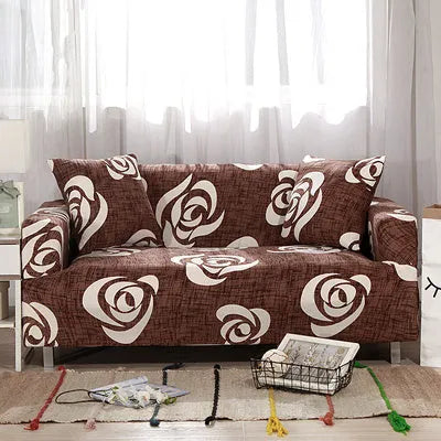 Printed stretch sofa cover with geometric pattern on three-seater sofa