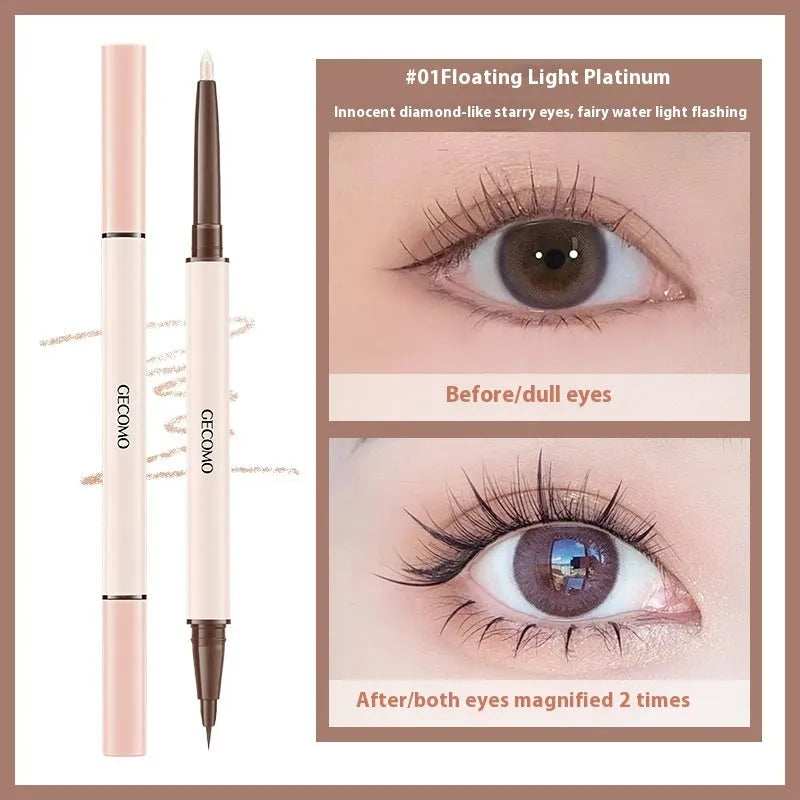 Double headed silkworm eyeliner pen in pearlescent floating platinum and born nude apricot shades