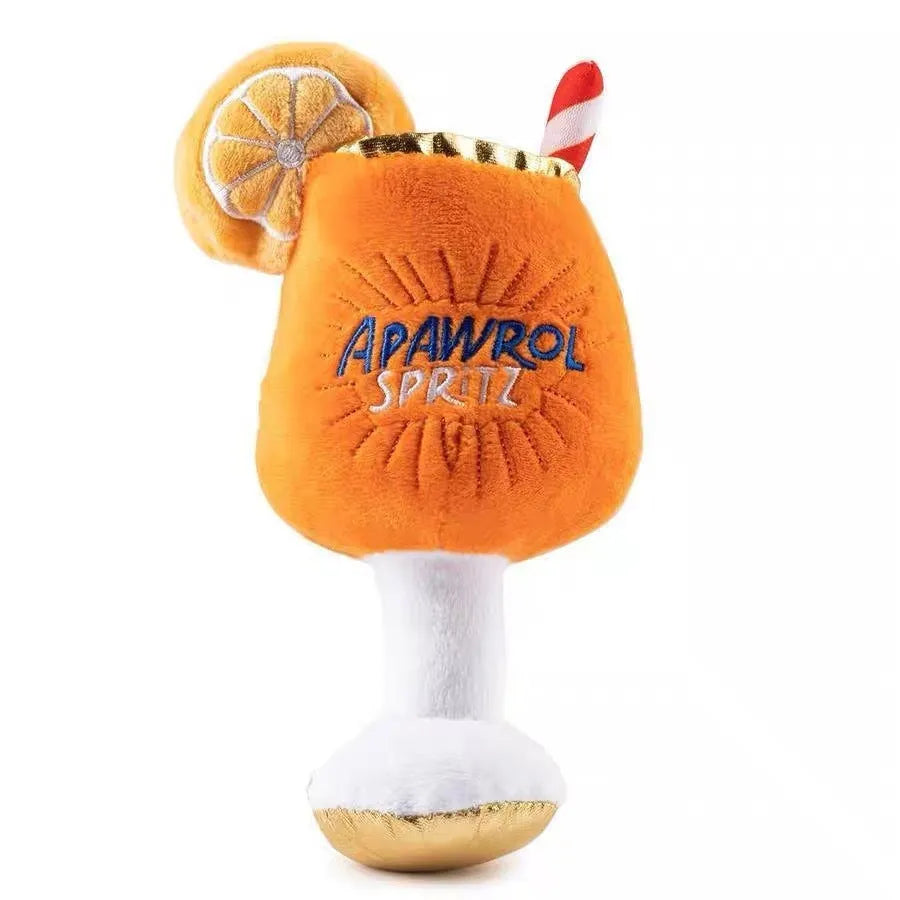 Yellow wine glass design squeaky dog chew toy measuring 7cm long with plush texture