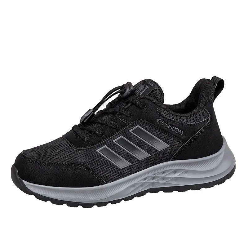 Men's and women's casual slip-on shoes with mesh upper and elastic band in black, grey, purple, and red.