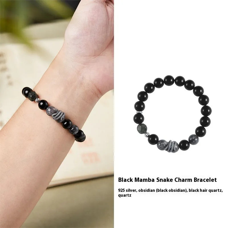 Men's S925 sterling silver snake year bracelet with 10mm black obsidian crystal and retro zodiac design