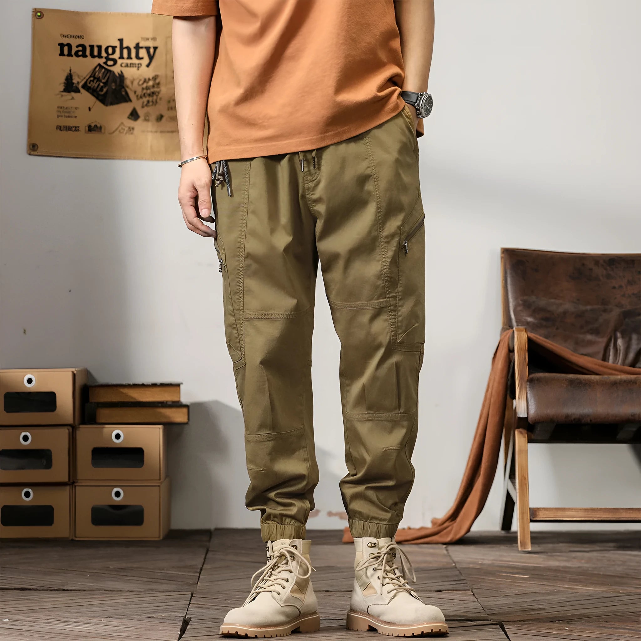 Men's loose cotton harem style trousers with tapered ankle banding in khaki colour