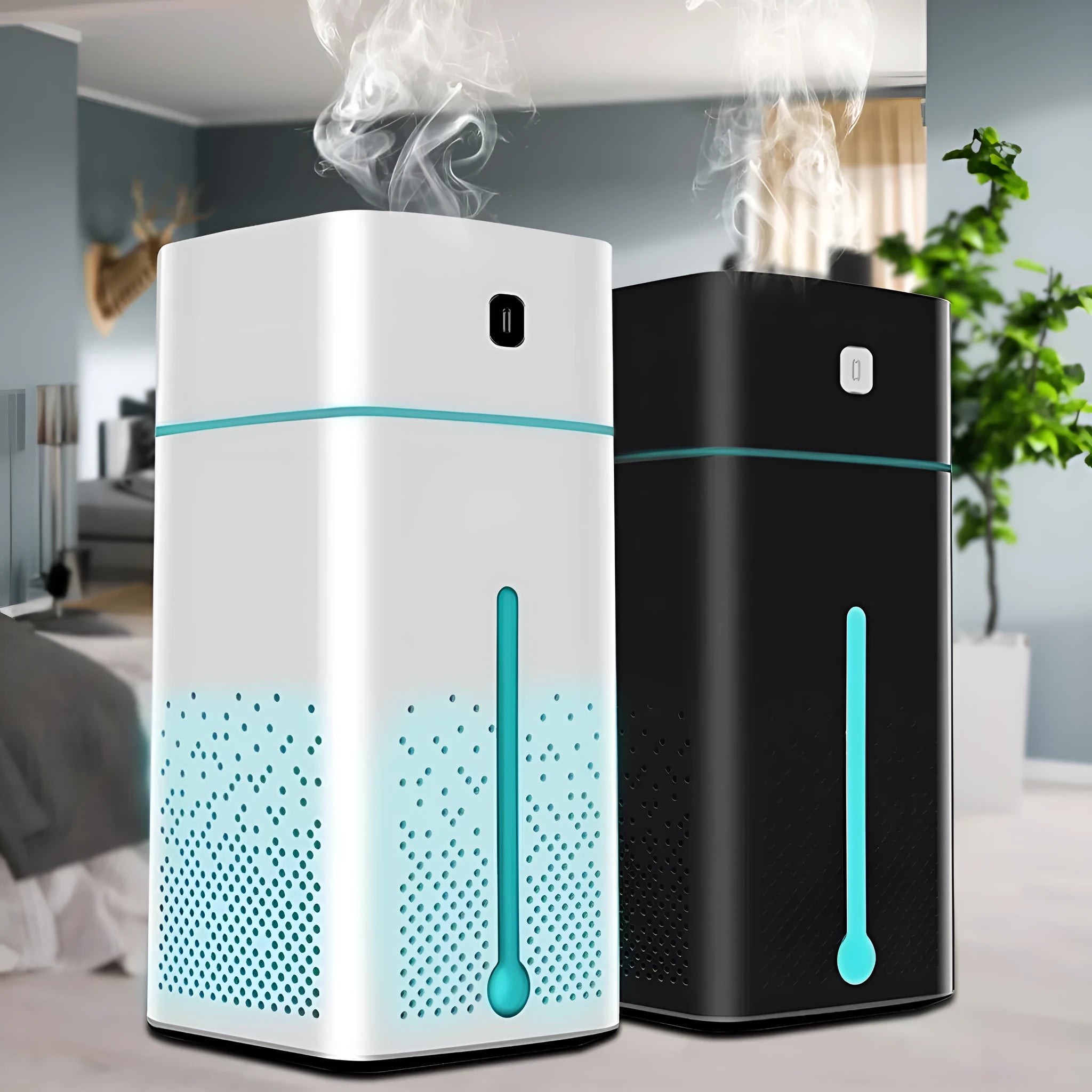 Black or white USB desktop humidifier 103mm wide 218mm high with 1000ml tank