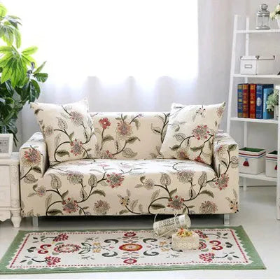 Printed stretch sofa cover with geometric pattern on three-seater sofa