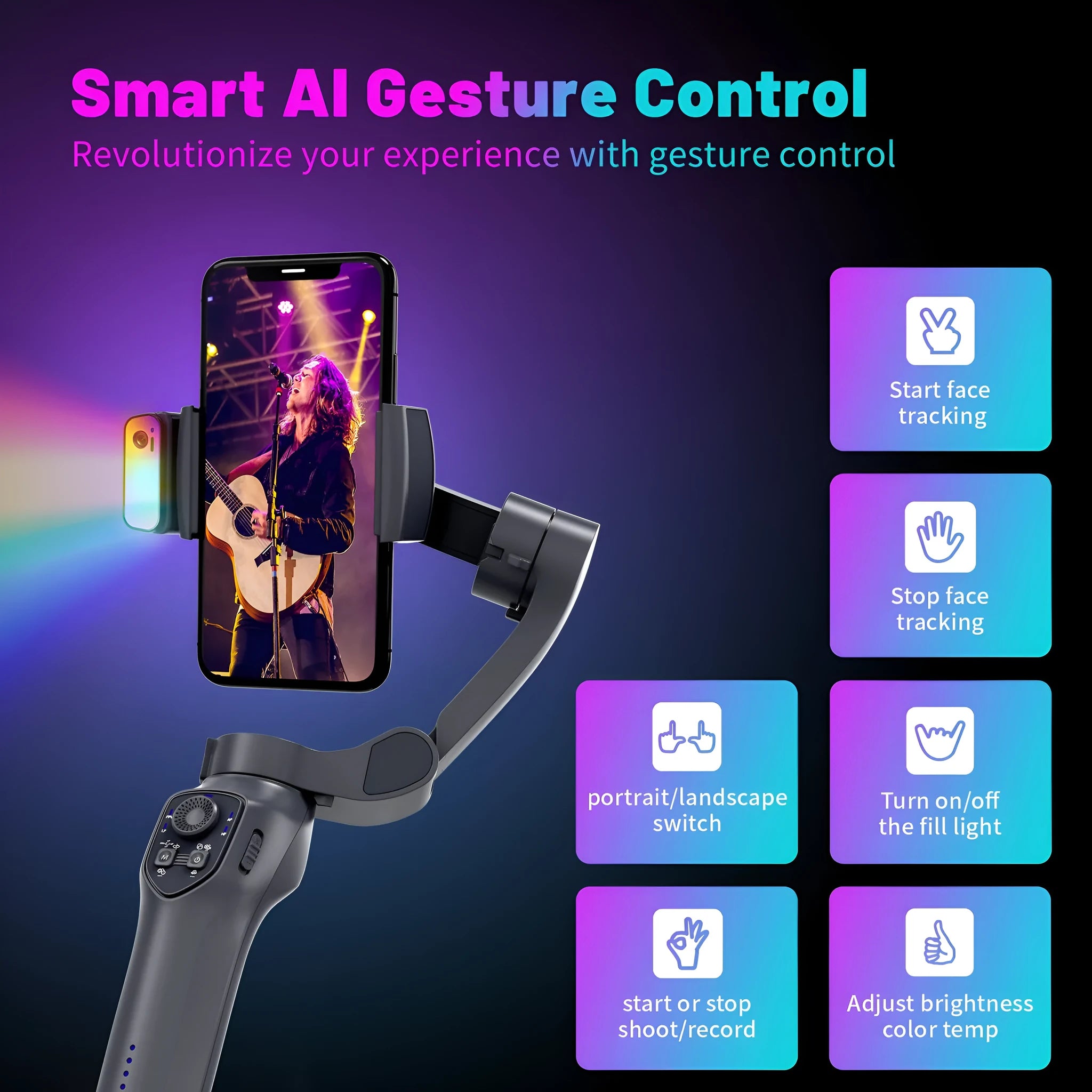 Foldable handheld smartphone gimbal stabiliser in gun colour with extended tripod legs